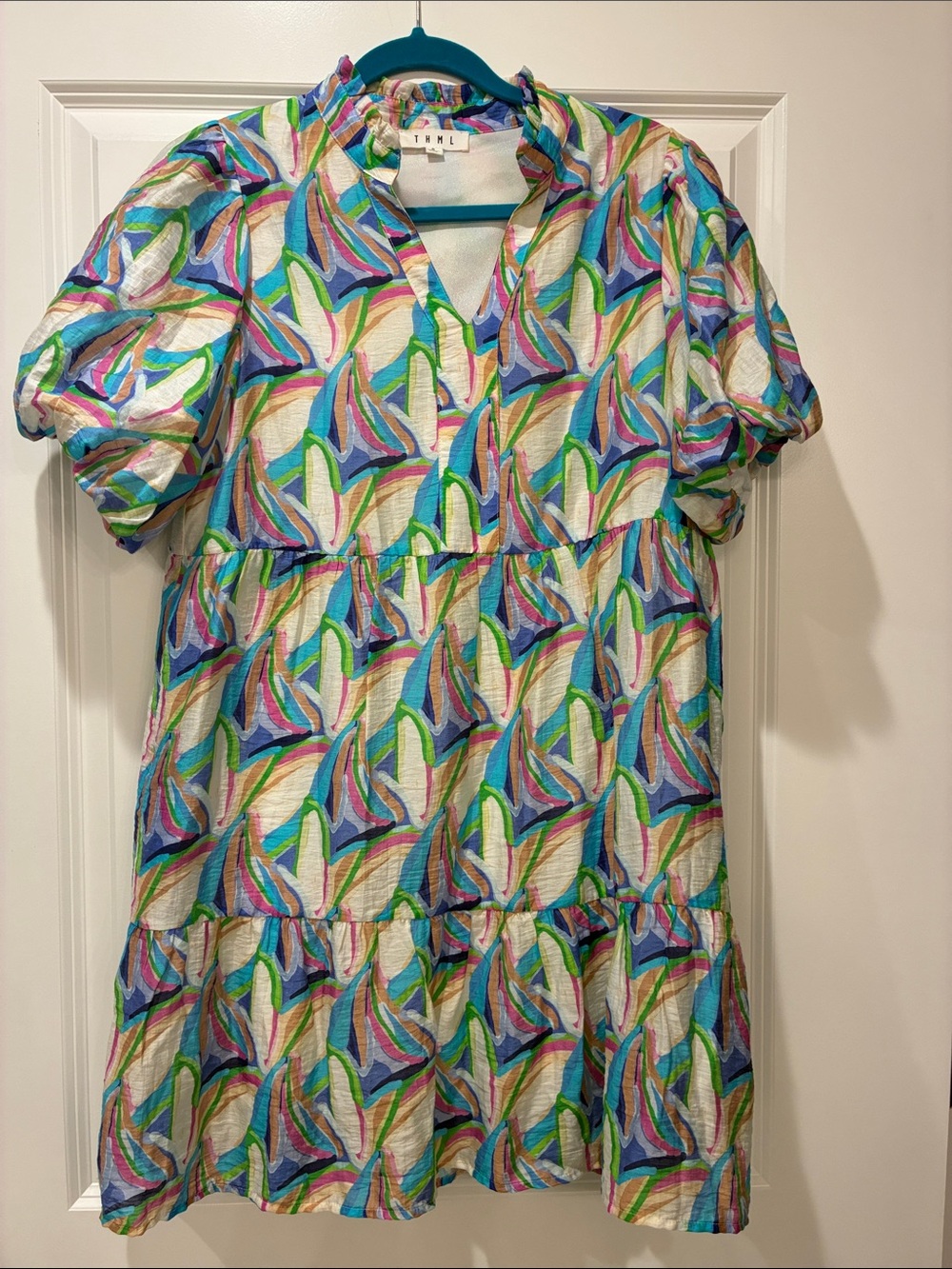 THML Multicolor Abstract Floral Tiered Mini Dress - Blue, Green, Pink